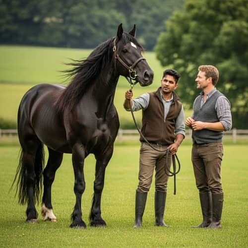Black Stallion in Countryside: Captivating Scene with Diverse Men