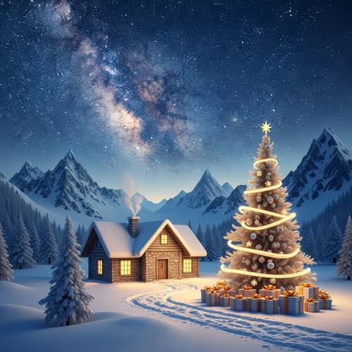 Snow-Covered Mountains & Cozy Christmas Scene