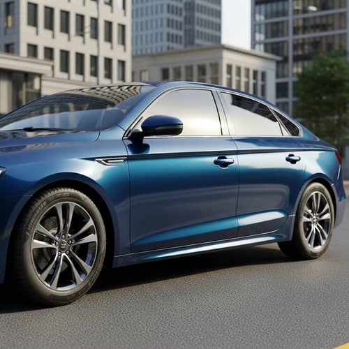 Realistic Digital Render of Modern Dark Blue Car in Urban Setting