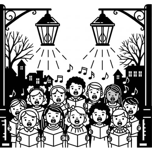 Caroling Night: Children Singing Under Street Lamps Caroling Night: Children Singing Under Street Lamps