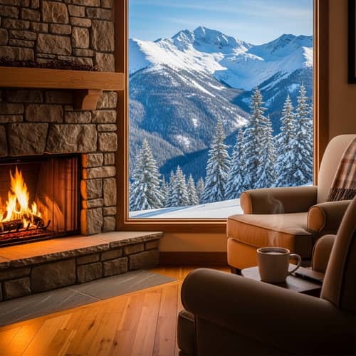 Cozy Fireplace Scene with Mountain View | Winter Retreat