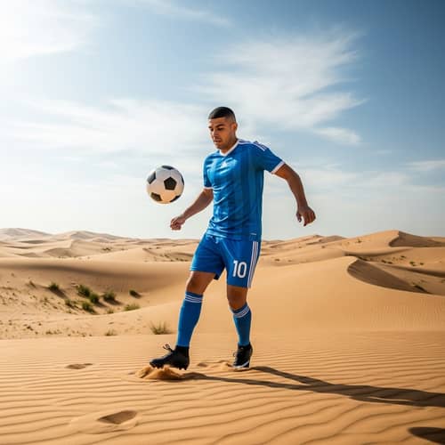 Male Hispanic Football Player Alone in Vast Desert | Exciting Soccer Action