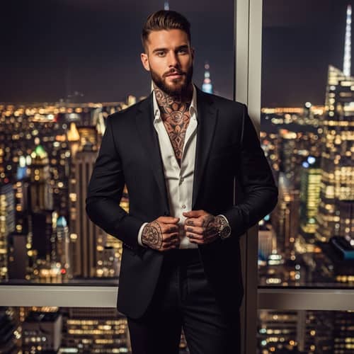 Italian Man Elegantly Clad in Tattoos and Black Suit | Cityscape View
