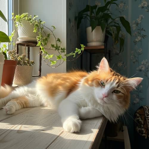 Fluffy Cat Lounging on Sun-Kissed Windowsill