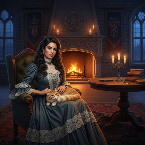 Vintage Hispanic Woman with Cat in Castle Room
