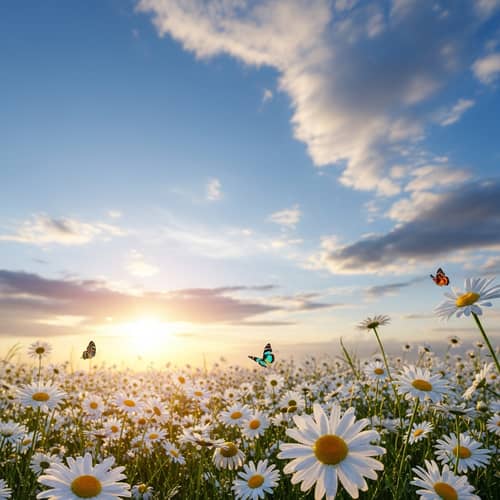 Optimistic Sunrise Over Daisies: Serene Nature Scene