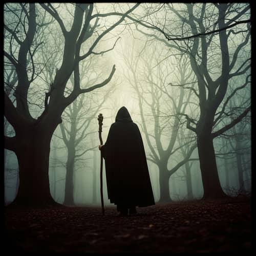 Mysterious Figure in Foggy Forest | Vintage Dark Fantasy Scene