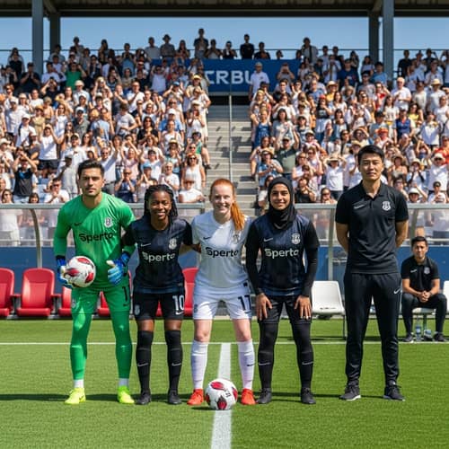 Diverse Female Football Team Unites Fans in Vibrant Stadium Scene