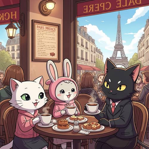Paris Café with Cartoon Characters | Lively Scene with Eiffel Tower