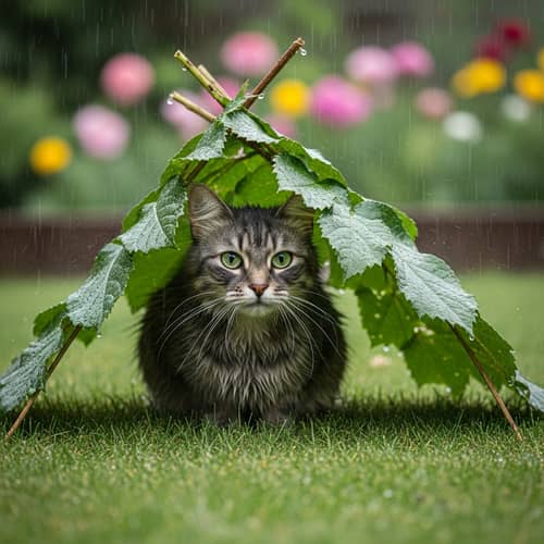 Cat Sheltering Under Leaves During Rainy Day
