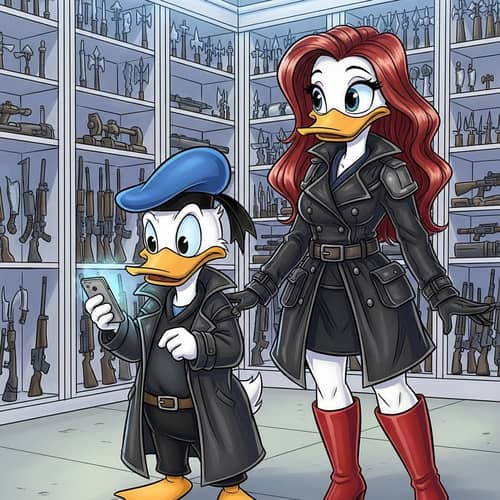Anthropomorphic Duck Characters in Dark Clothes - Cartoon Style