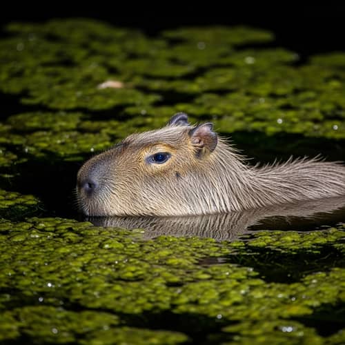 Tranquil Night Scene: Capybara in Moonlit Water Surrounded by Glowing Algae