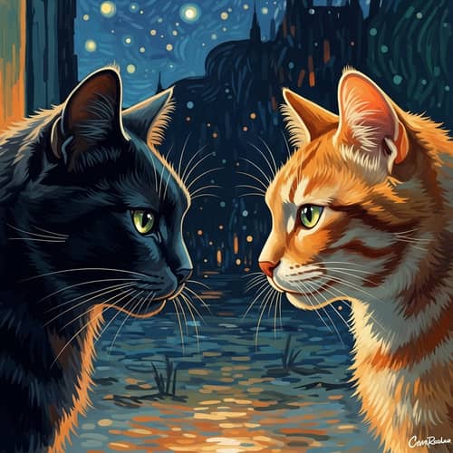 Contrasting Black and Orange Cats in Tranquil Nighttime Scene