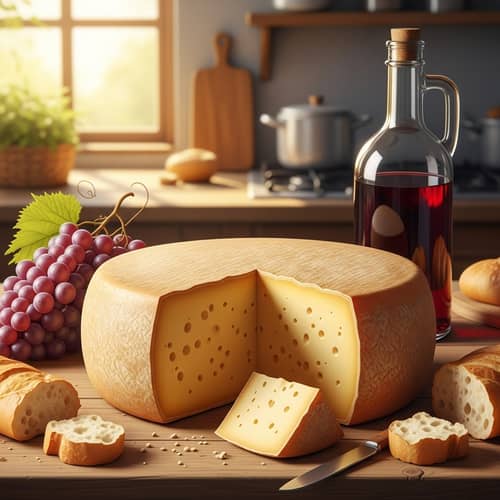 Artisanal Aged Cheese in Rustic Kitchen Setting