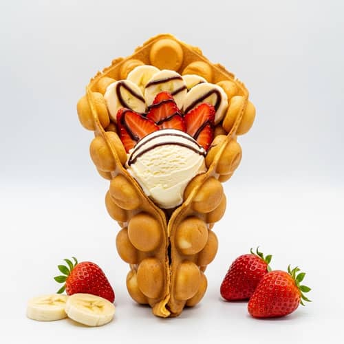 Hong Kong Waffle with Ice Cream, Strawberries, Bananas
