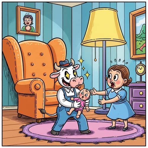 Hand-Drawn Cartoon: Humorous Cow 'Kidnapping' Baby Doll