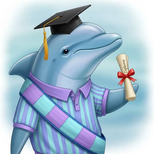 Pastel Blue Dolphin with Mortarboard and Diploma