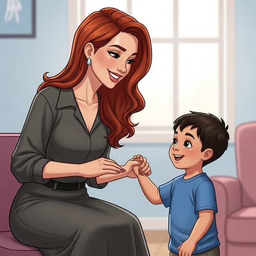 Cartoon Illustration: Redhead Woman with Little Boy | Best Quality