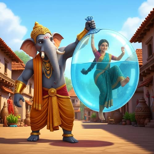 Ganesha Superhero Saves Woman in Unique Village Scene
