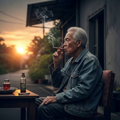 Captivating Scene of an Older Asian Man Smoking at Dusk