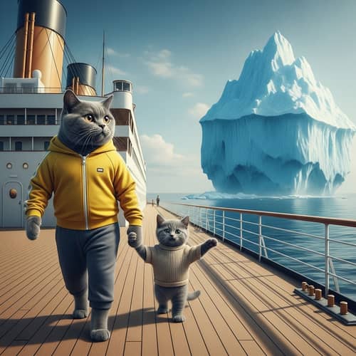 Grey Cat and Kitten in Yellow Tracksuit and Sweater Spotted Iceberg on Titanic-like Ship