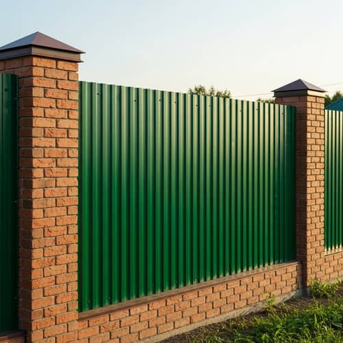 Vibrant Green Metal Fence with Brick Columns | Front View