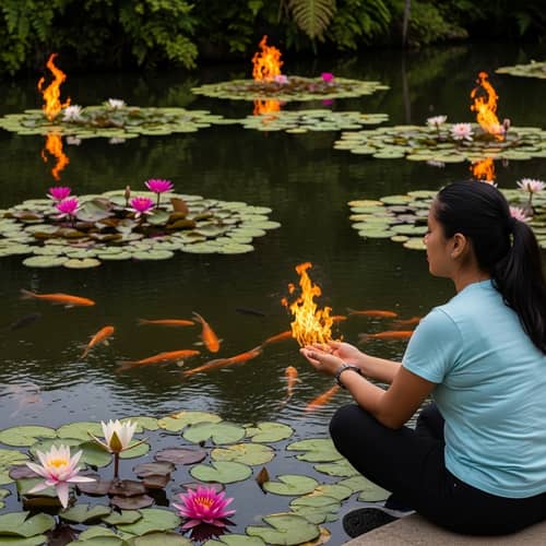 Hispanic Woman by Blooming Water Lilies and Swimming Fish in Tranquil Pond
