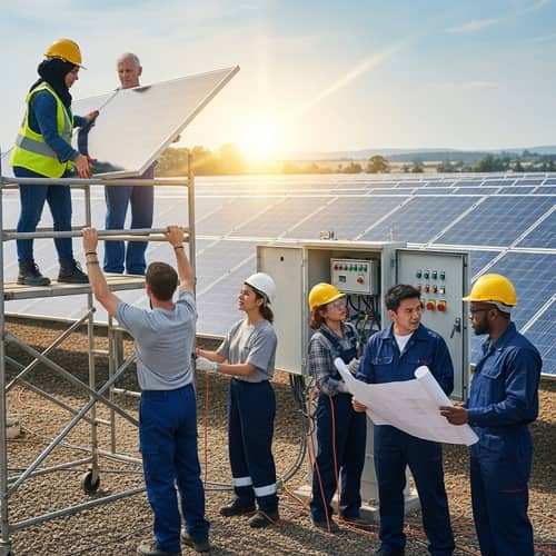 Diverse Team at Work: Solar Installation Scene
