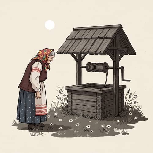 Russian Grandmother at Old Wooden Well in Night Sky