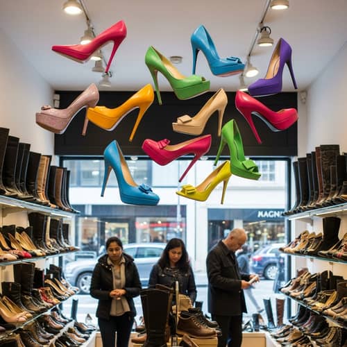 Whimsical High Heel Shoes Flying Over Vibrant Shoe Store