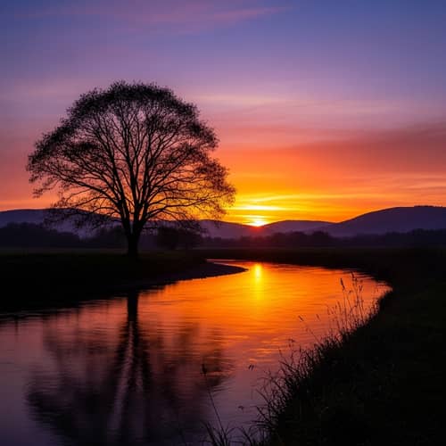 Tranquil Sunset Landscape with Solitary Tree and Rolling Hills