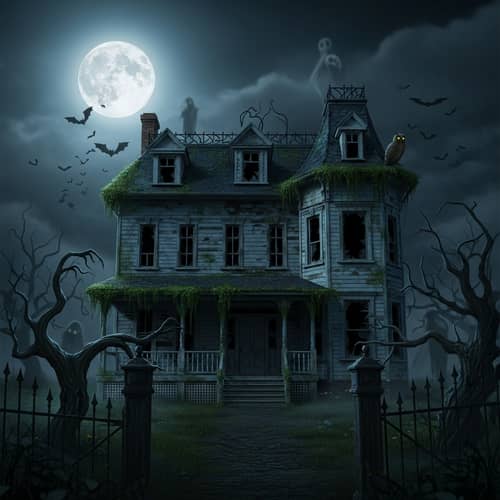 Abandoned Haunted House on Full Moon Night: Chilling Aura