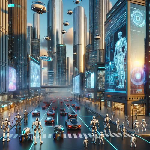 Futuristic Cityscape with Robots: Urban Future Spectacle