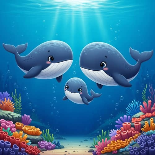 Cartoon-Style Whales Family Swimming in Deep Blue Ocean