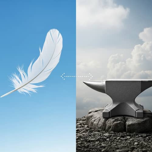 Feather vs. Anvil: Symbolic Contrast Illustration