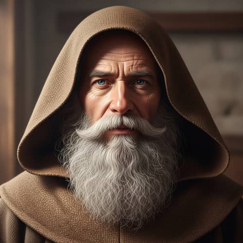 Monk in Robe with White Beard and Blue Eyes