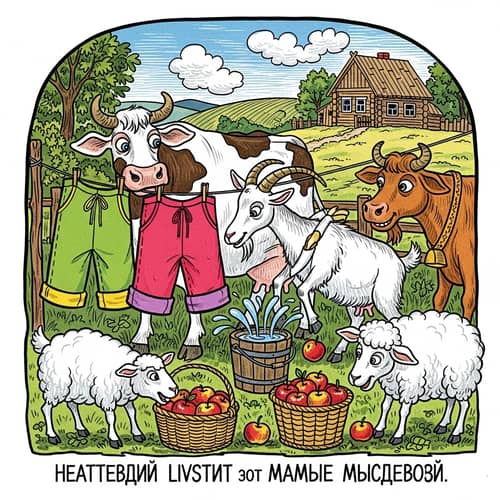 Playful Folk Art Illustration of Mischievous Livestock