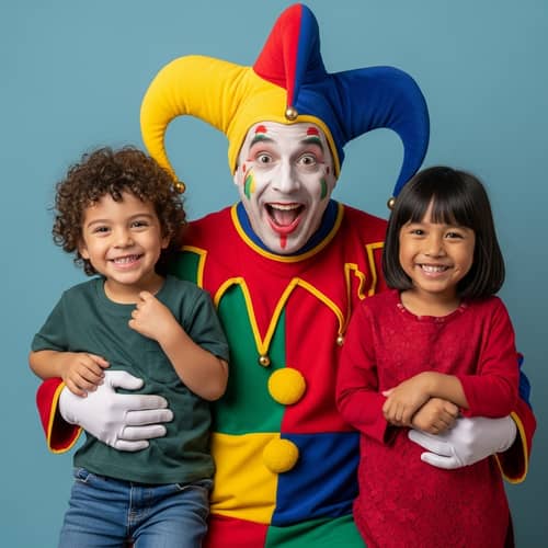 Colorful Jester Character with Diverse Children | Website Name