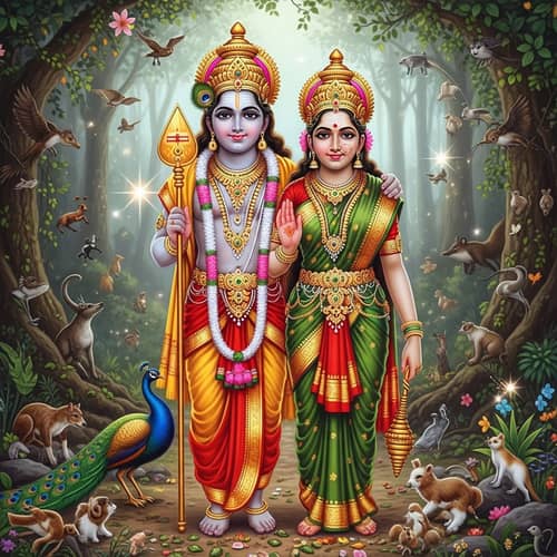 Lord Murugan and Parvati: Divine Depiction in Serene Forest