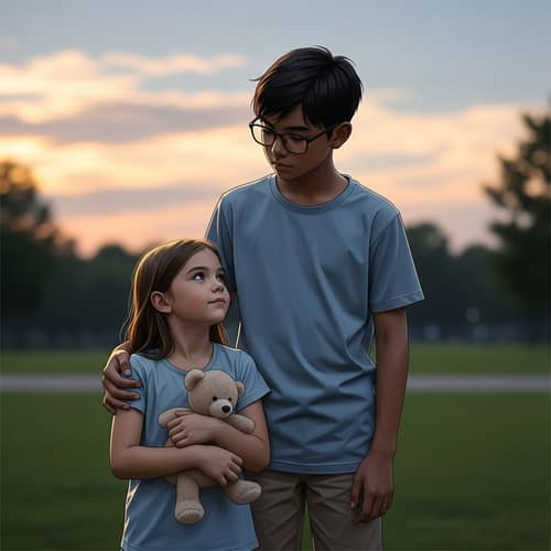 Protective Asian Boy Watches Over Younger Sister at Dusk