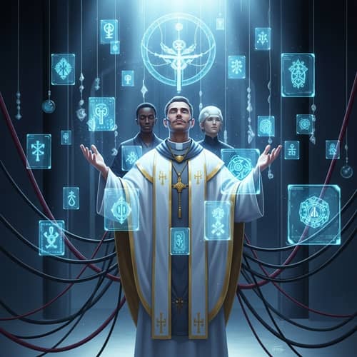 Futuristic High-Tech Ritual with Diverse Priest | Sacred Symbols