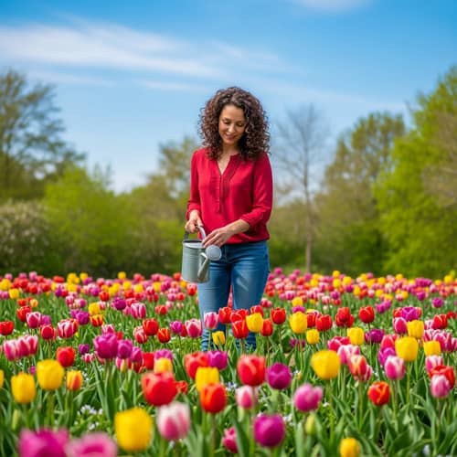 Beautiful Woman Watering Tulips in Garden