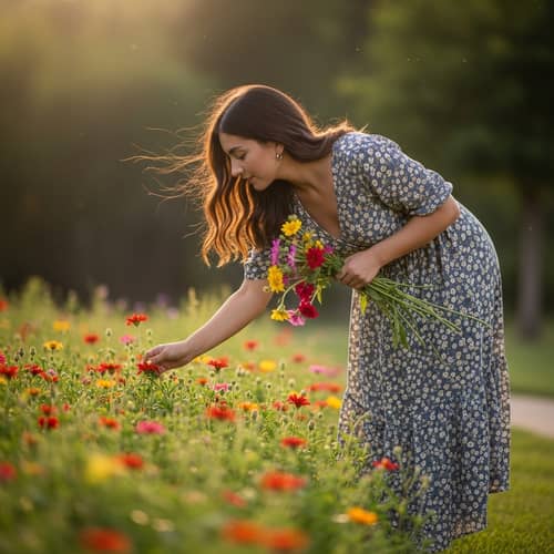 Serenity in Nature: Young Hispanic Woman Picking Flowers in Sunlit Garden