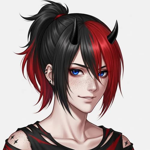 Anime-Style Boy Character with Black and Red Hair in Ponytail