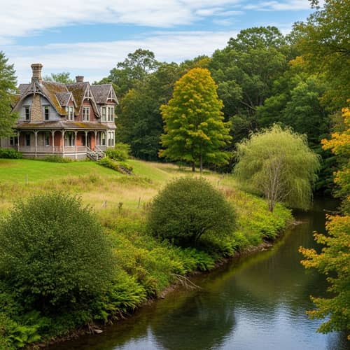 Vintage Aged Dwelling Overlooking River on Hill