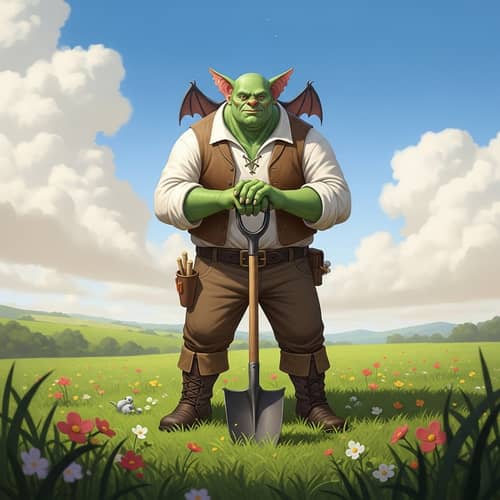 Green Creature with Shovel in Lush Field