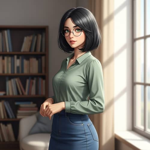 Young Woman with Bob Cut, Glasses and Green Eyes