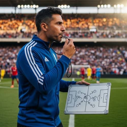 Hispanic Soccer Coach Demonstrating Tactics on Sideline