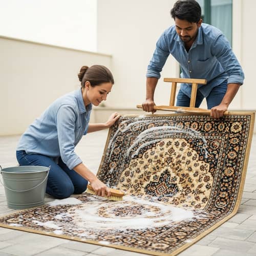 Cooperative Carpet Washing Scene: Woman and Man Working Together
