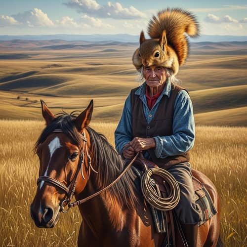 Elderly Man Riding Squirrel Fur Hat Horse - Autumn Landscape